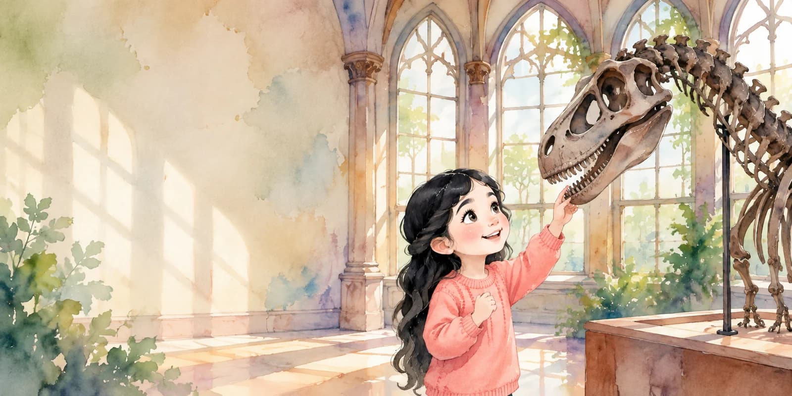 Geïllustreerde voorbeeldscène uit Lila en het grote avontuur: Het dinomuseum