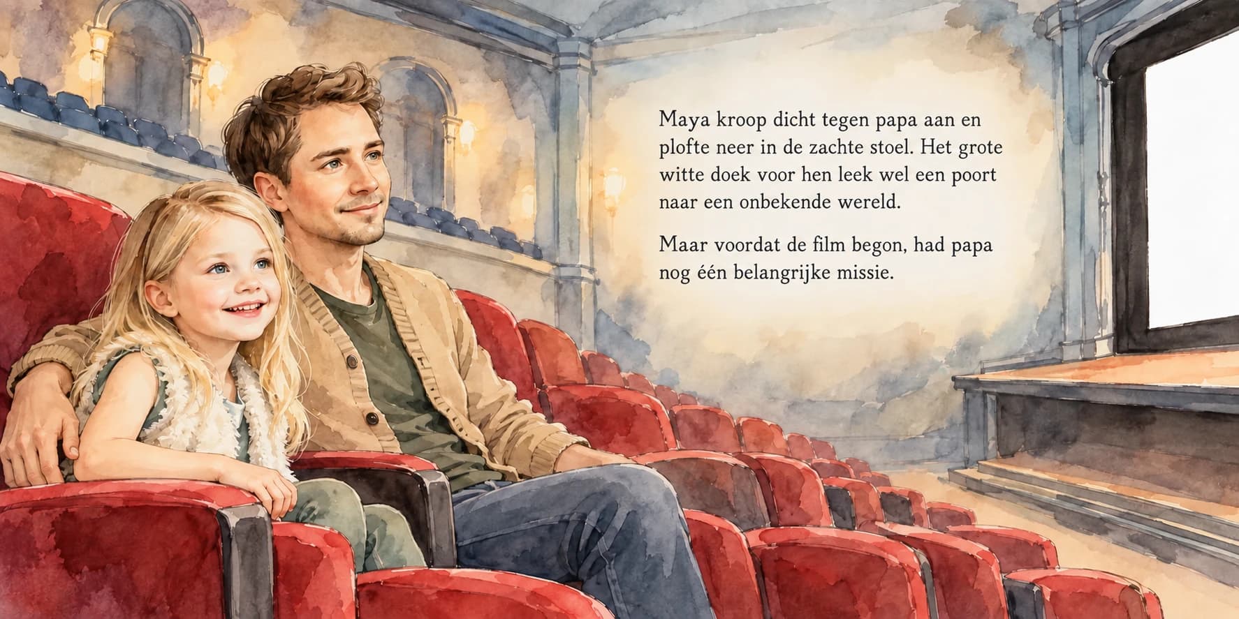 Open kinderboek met een aquarelillustratie links en een rustige tekstpagina rechts